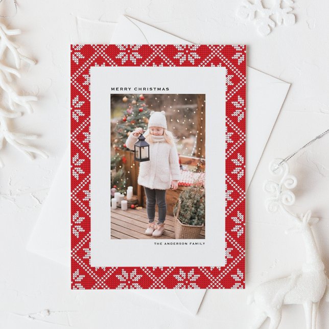 Red Fair Isle Sticka Mönster Photo jul Helg Vykort (Red Fair Isle Knit Pattern Photo Christmas Holiday Card)
