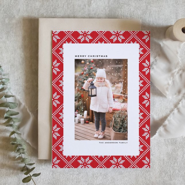 Red Fair Isle Sticka Mönster Photo jul Julkort (Red Fair Isle Knit Pattern Photo Christmas Holiday Card)