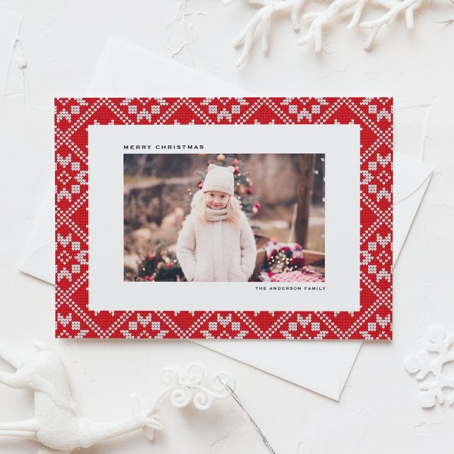 Red Fair Isle Winter Mönster-fotojul i Sticka Helg Vykort (Red Fair Isle Winter Knit Pattern Photo Christmas Holiday Postcard)