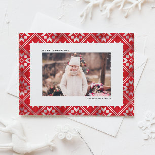 Red Fair Isle Winter Mönster-fotojul i Sticka Julkort