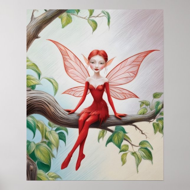 Red Fairy on a Limb Färgpenna Sketch Poster (Framsidan)