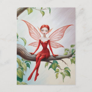 Red Fairy on a Limb Färgpenna Sketch Vykort