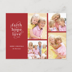 Red Faith Hope Kärlek 4-Photo Typography jul Vykort