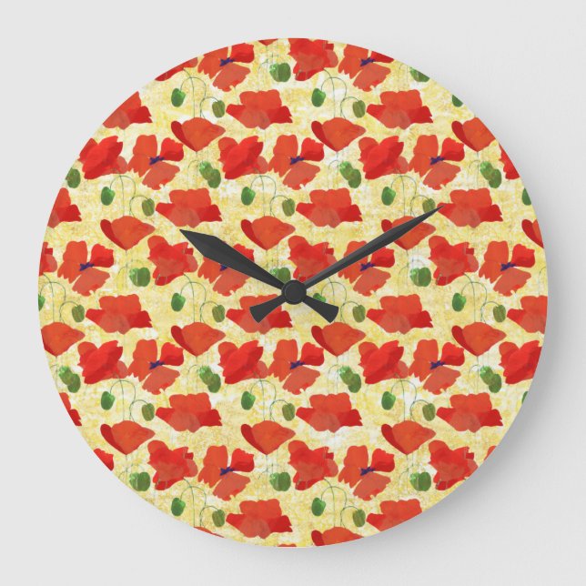 Red Fält Poppies på Cornfield Gult Wall Clock Stor Klocka (Framsida)