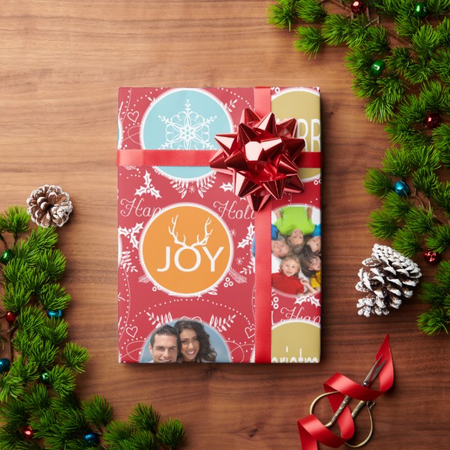 Red Family Photo Reindeer jul Merry Bright Presentpapper (Julgåva)