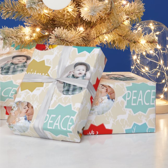 Red Family Photo Reindeer jul Merry Bright Presentpapper (Helgdagar)