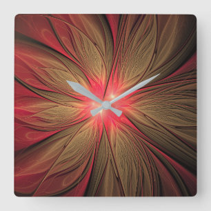 Red Fansy fractal Blommor Fyrkantig Klocka