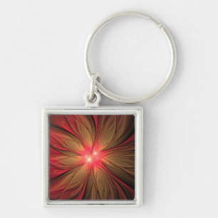 Red Fansy fractal Blommor Fyrkantig Silverfärgad Nyckelring