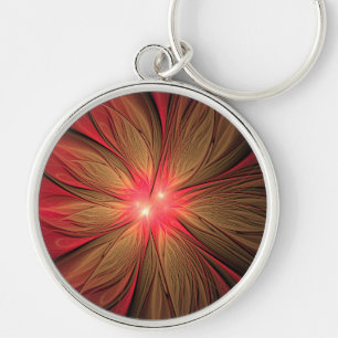 Red Fansy fractal Blommor Rund Silverfärgad Nyckelring