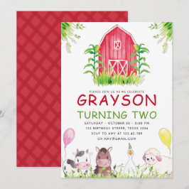 Red Farm House Animals Watercolor Birthday Inbjudningar