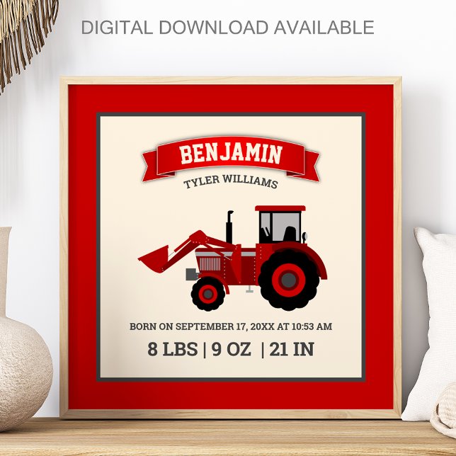 Red Farm Tractor Baby Birth Stats Poster (Skapare uppladdad)