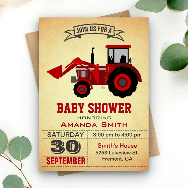 Red Farm Tractor Baby Shower-inbjudan Inbjudningar (Skapare uppladdad)