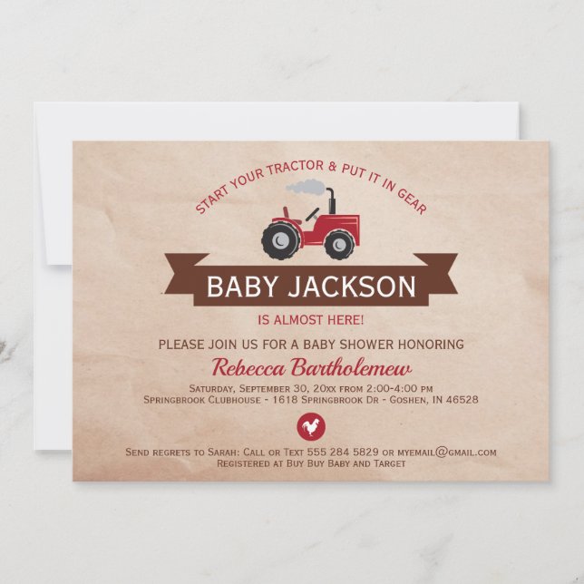 Red Farm Tractor Baby Shower-inbjudningar Inbjudningar (Framsida)