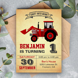 Red Farm Tractor First Födelsedagsfest inbjudan