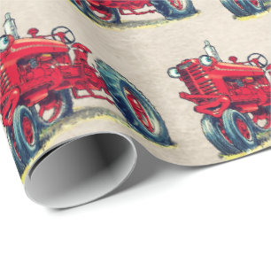 Red Farm Tractor med Eyebullar Presentpapper