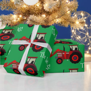 Red Farm Tractor on Grönt Jul Wrapping Pape Presentpapper