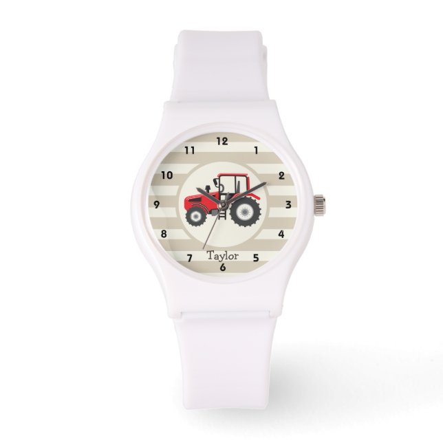 Red Farm Tractor på Tan Rand Armbandsur (Framsida)