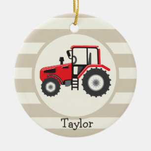Red Farm Tractor på Tan Rand Julgransprydnad Keramik