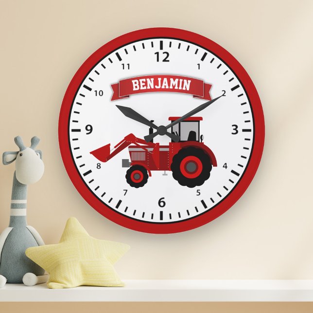 Red Farm Tractor Personlig Namn Kids Roth Stor Klocka (Skapare uppladdad)