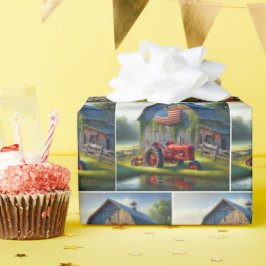 Red Farm Tractor with Patriotic Barn Presentpapper