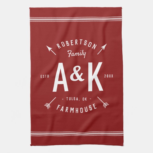 Red Farmhouse Arc Monogram | Redigerbar Färg Kökshandduk (Vertikal)