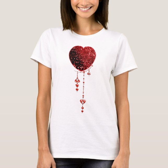 Red Faux Glitter Heart & Heart Droplets Tee (Framsida)
