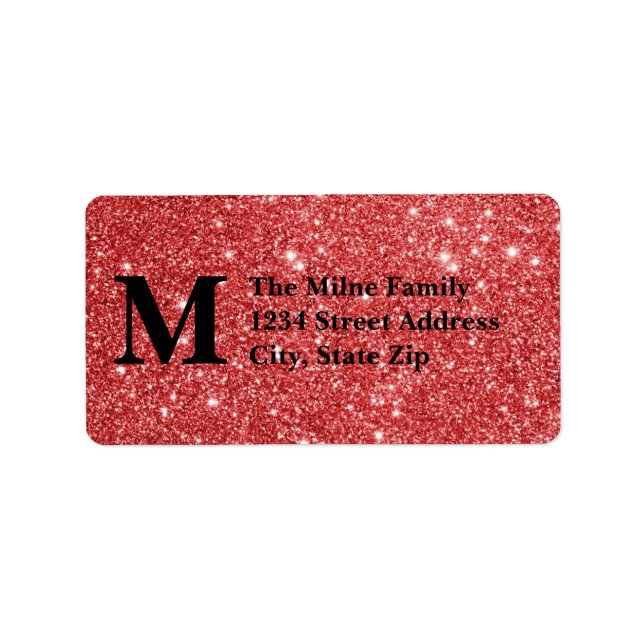 Red Faux Glitter Monogram-Adressetiketter Adressetikett (Framsidan)