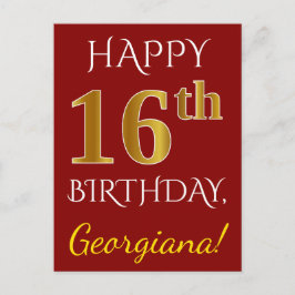 Red, Faux Guld 16:e födelsedagen + eget namn Vykort