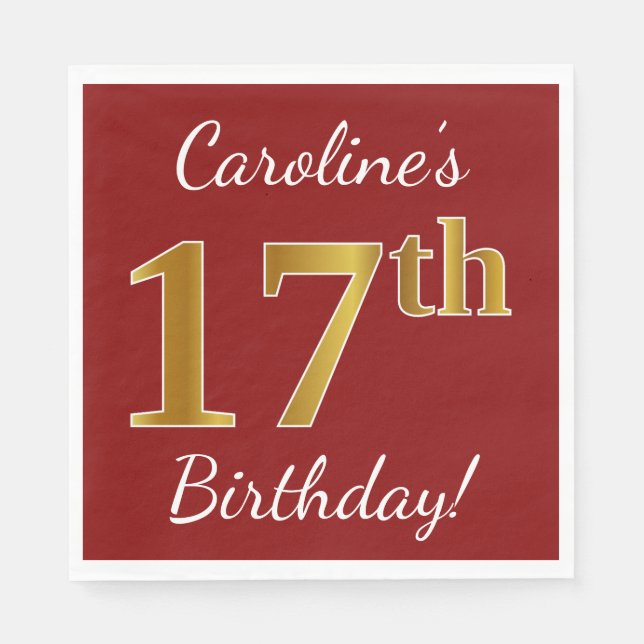 Red, Faux Guld 17:e födelsedagen + eget namn Pappersservett (Framsidan)