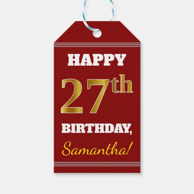 Red, Faux Guld 27:e födelsedagen + eget namn Presentetikett (Framsidan)