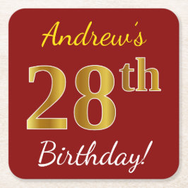 Red, Faux Guld 28:e födelsedagen + eget namn Underlägg Papper Kvadrat