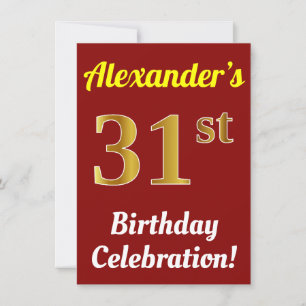 Red, Faux Guld 31a Birthday Celebration + Namn Inbjudningar