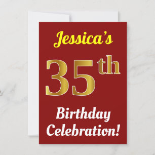 Red, Faux Guld 35e Birthday Celebration + Namn Inbjudningar