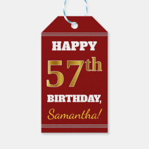 Red, Faux Guld 57th Birthday + Custom Name Presentetikett