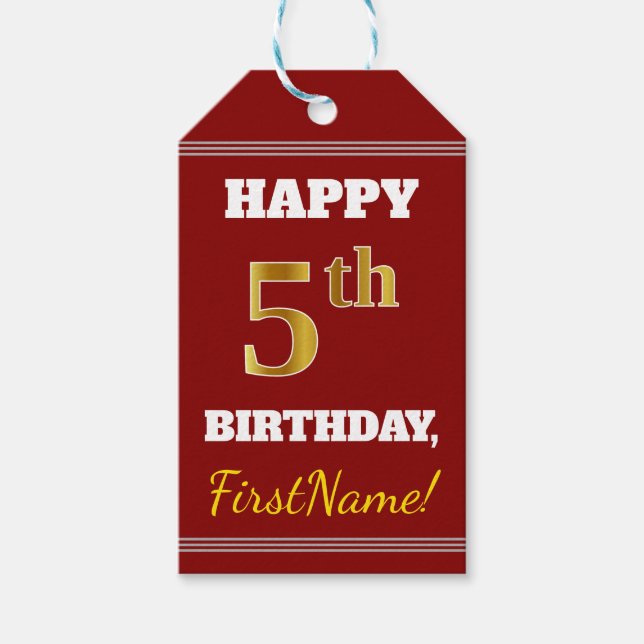 Red, Faux Guld 5:e födelsedagen + eget namn Presentetikett (Framsidan)