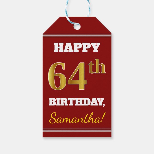 Red, Faux Guld 64:e födelsedagen + eget namn Presentetikett (Framsidan)