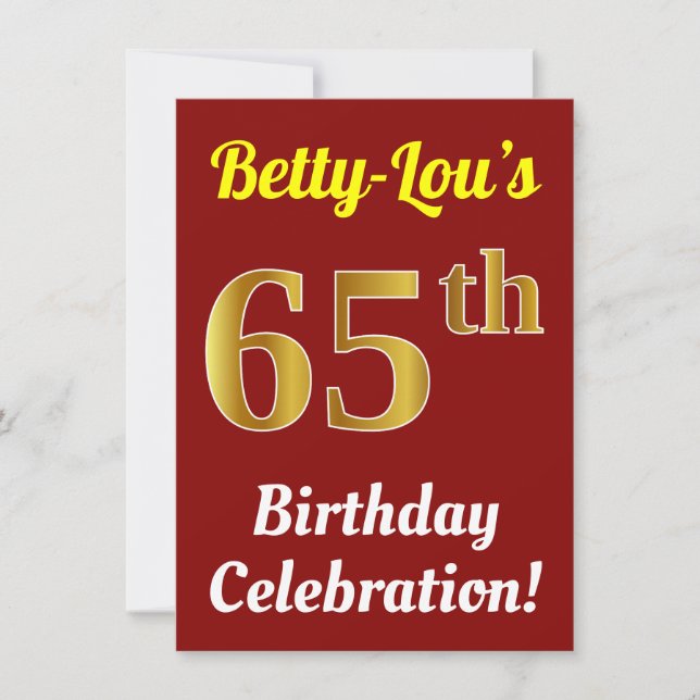Red, Faux Guld 65e Birthday Celebration + Namn Inbjudningar (Framsida)