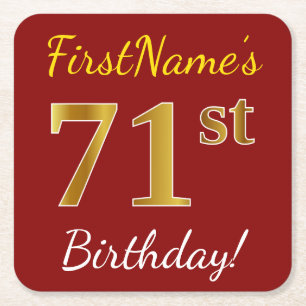 Red, Faux Guld 71st Birthday + Custom Name Underlägg Papper Kvadrat