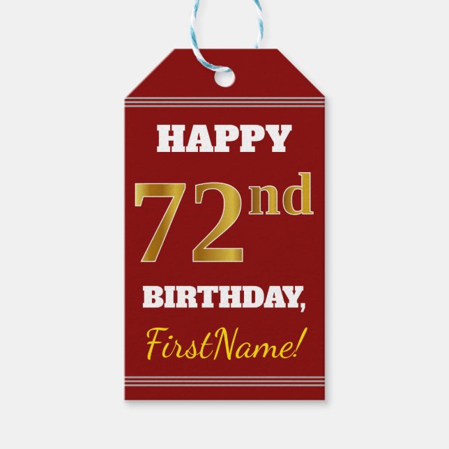 Red, Faux Guld 72:a födelsedagen + eget namn Presentetikett (Framsidan)
