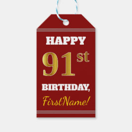 Red, Faux Guld 91:a födelsedagen + eget namn Presentetikett