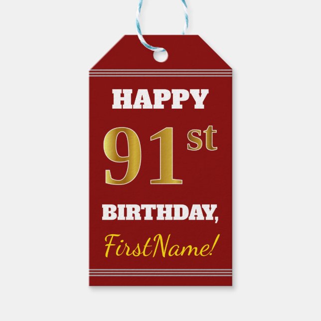 Red, Faux Guld 91:a födelsedagen + eget namn Presentetikett (Framsidan)