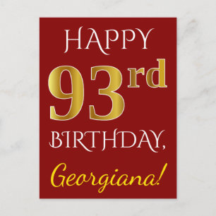 Red, Faux Guld 93:e födelsedagen + eget namn Vykort