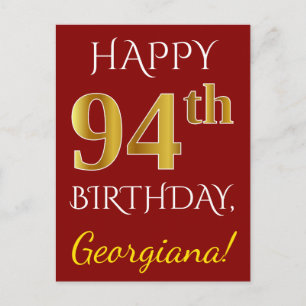 Red, Faux Guld 94:e födelsedagen + eget namn Vykort
