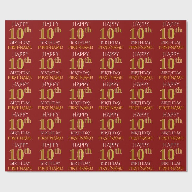 Red, Faux Guld "LYCKLIG 10 BIRTHDAY" Presentpapper (Platt)