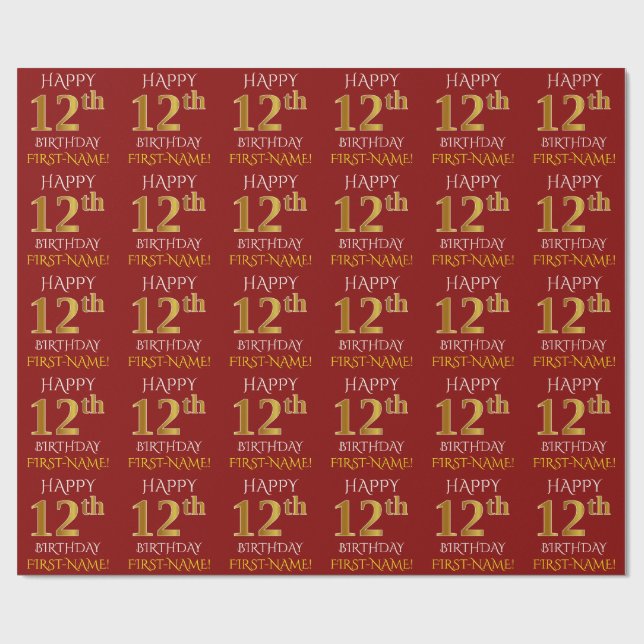 Red, Faux Guld ’LYCKLIG 12:e BIRTHDAY’ Presentpapper (Platt)