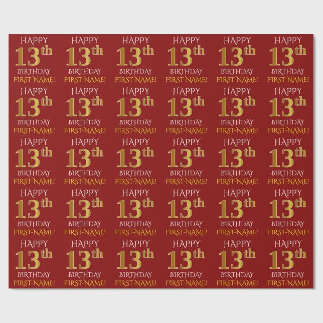 Red, Faux Guld "LYCKLIG 13 BIRTHDAY" Presentpapper (Platt)