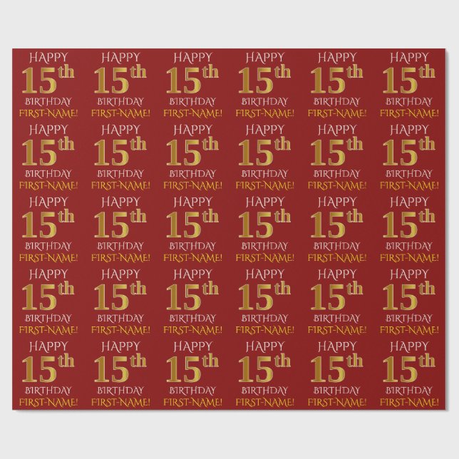 Red, Faux Guld "LYCKLIG 15 BIRTHDAY" Presentpapper (Platt)