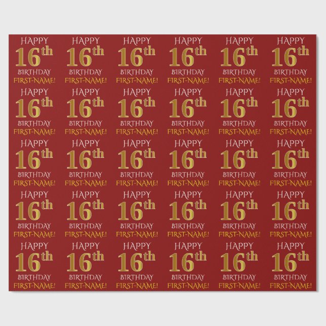 Red, Faux Guld "LYCKLIG 16:e BIRTHDAY" Presentpapper (Platt)