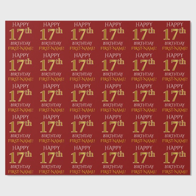 Red, Faux Guld "LYCKLIG 17:e BIRTHDAY" Presentpapper (Platt)