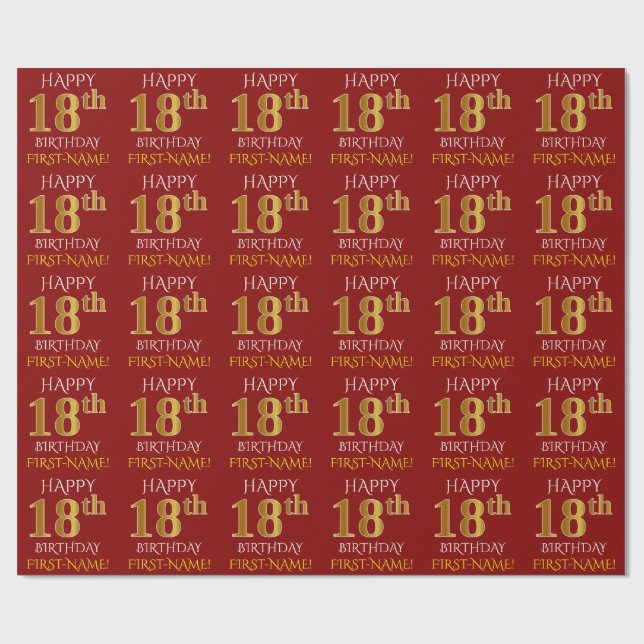 Red, Faux Guld "LYCKLIG 18 BIRTHDAY" Presentpapper (Platt)